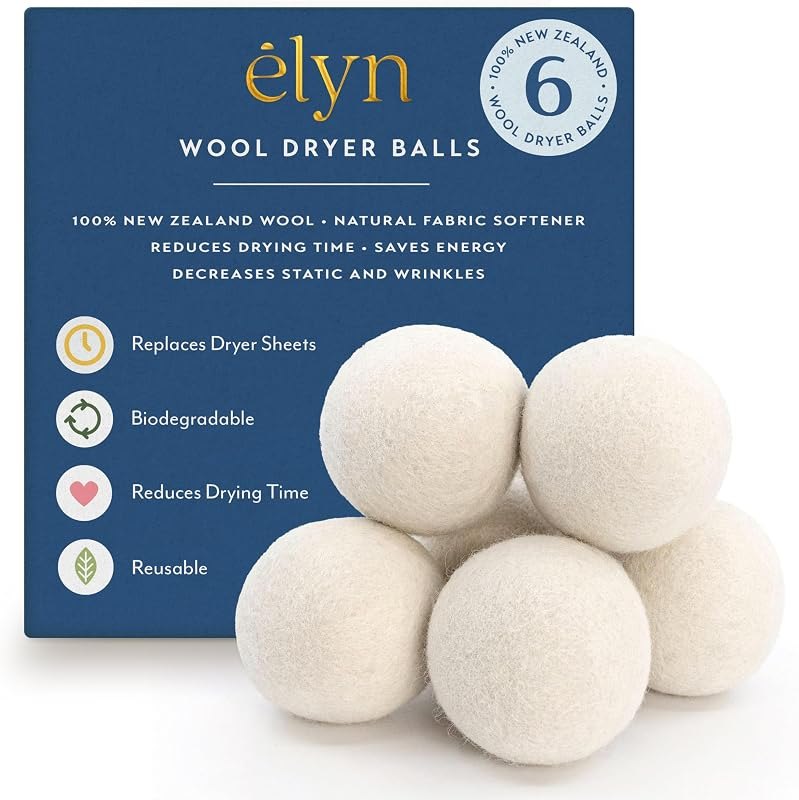 ELYN Wool Dryer Balls 6-Pack - XL, 100% New Zealand Wool, Reusable and Handmade. Fragrance-Free, Natural Fabric