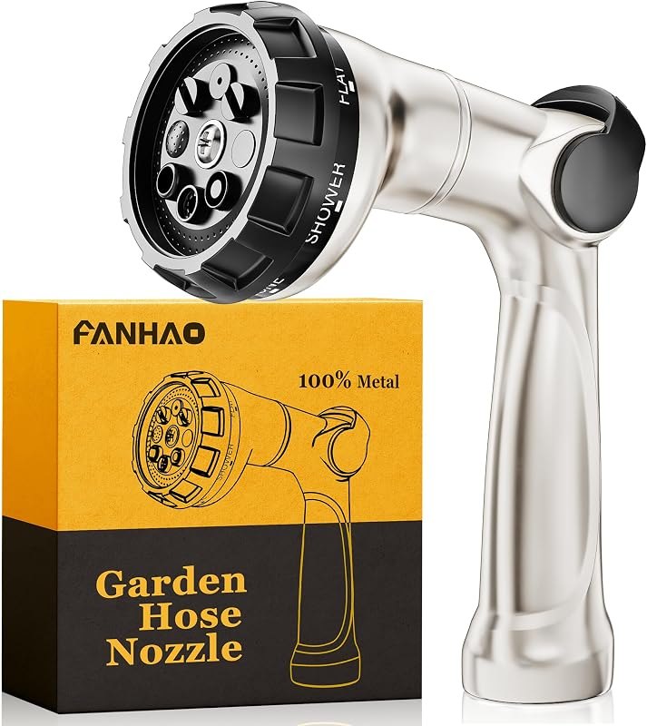 FANHAO Thumb Control Garden Hose Nozzle Heavy Duty Metal, 8 Spray Patterns — metal hose nozzle pack for metal hose