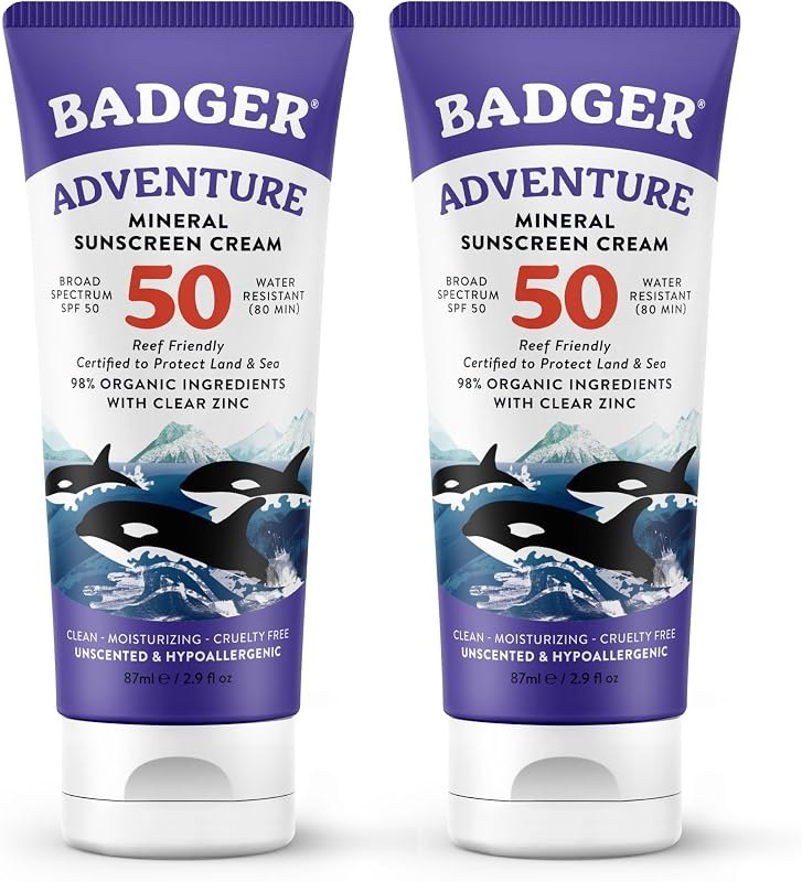 Badger Reef Safe Mineral Sunscreen SPF 50, Zinc Oxide, 2.9 fl oz (2-Pack) — mineral sunscreen face kit for mineral