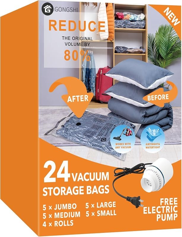 GONGSHI Vacuum Seal Bags for Clothing Travel & Home Storage, Travel Vacuum Bags with Pump,Space Saver for Blankets