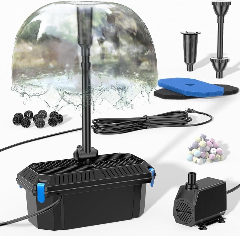 Biling Pond Filter with Fountain Pump Kits, 660GPH Koi Pond Filter with 40W Pond Pumps for Outdoor Ponds, Pond