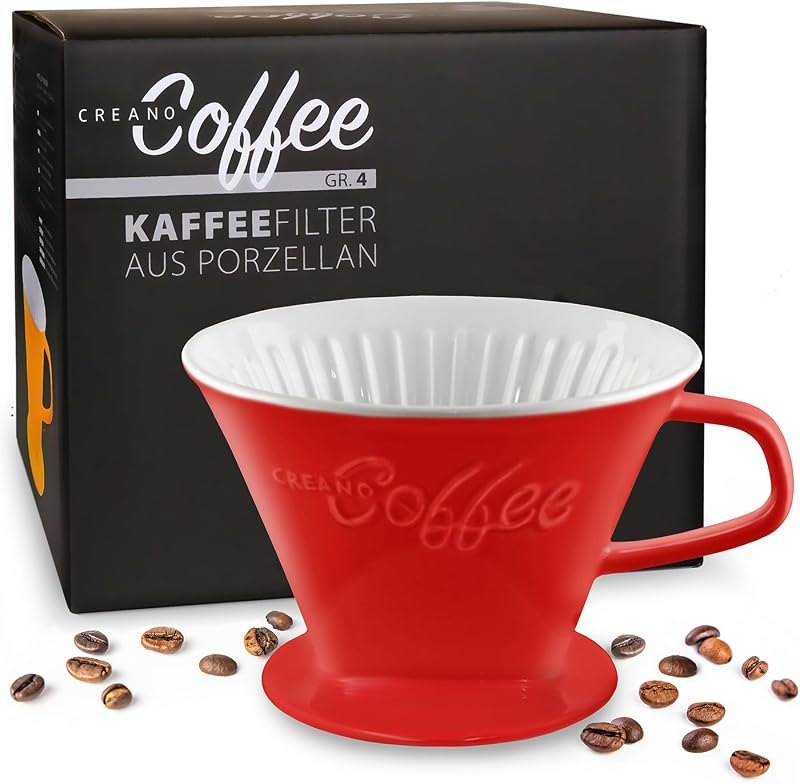 Creano Porcelain Coffee Dripper Red - Ceramic Cone Brewer - Pour Over Coffee Maker for Filter Bags Size 4 - Easy