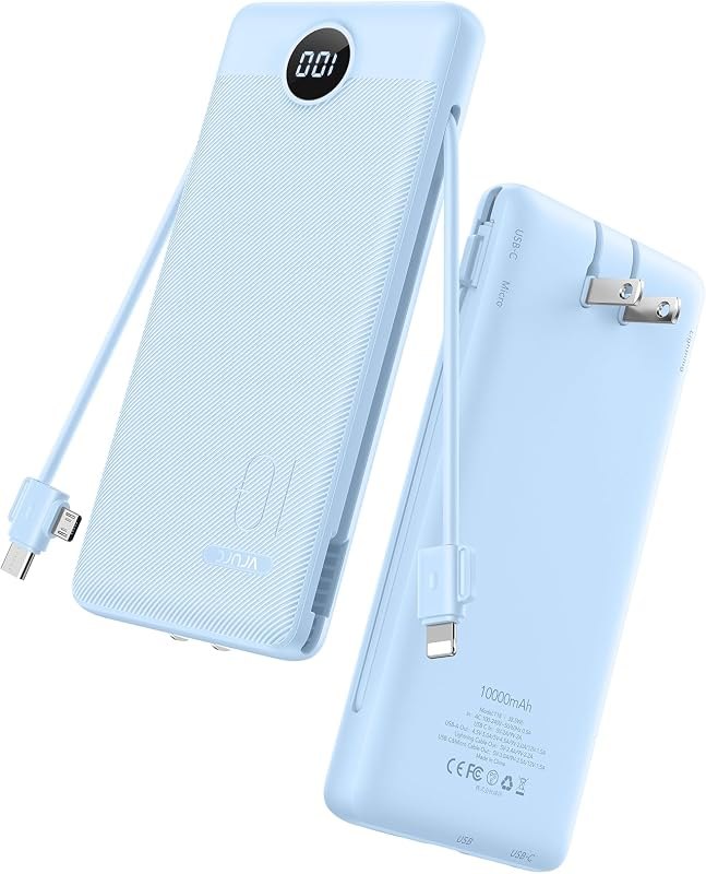 VRURC 10000mAh Portable Charger with Built-in Cables and AC Plug, Blue — power bank for best iPhone 17 Pro Max