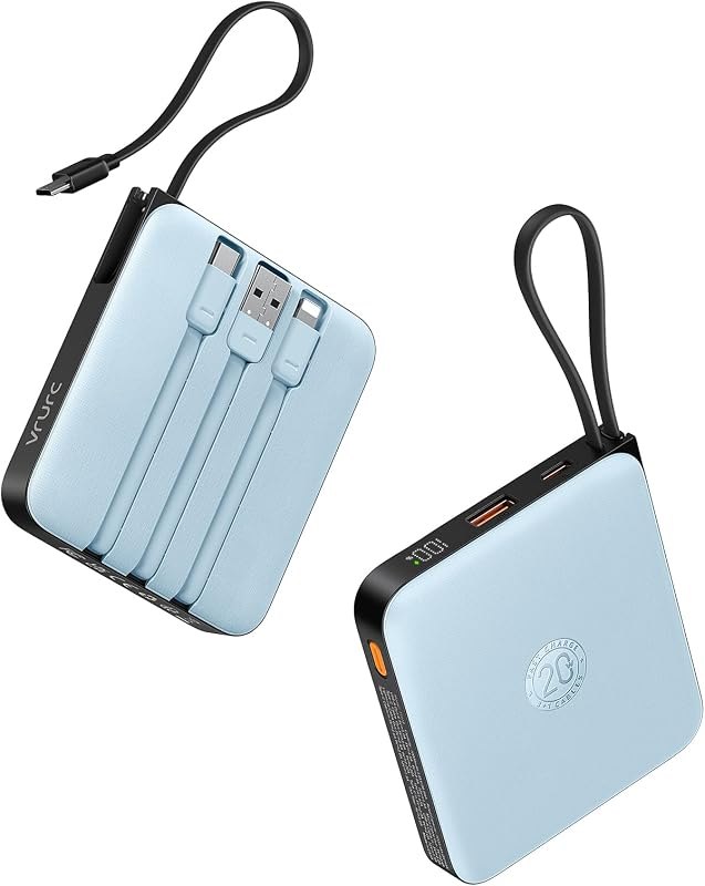 VRURC Portable Charger for iPhone with Built-in Cable, 10000mAh 22.5W Fast Charging USB C Battery Pack, Cell Phone