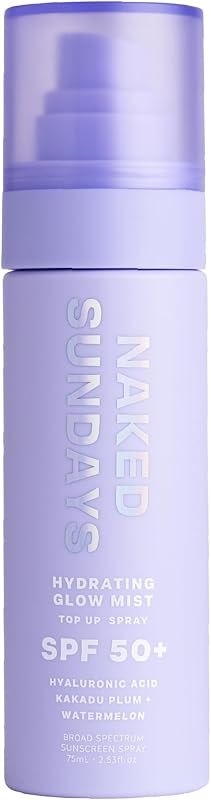 Naked Sundays Hydrating Glow Sunscreen Mist SPF 50 Facial Spray, 75ml — Makeup and SPF that will not break y for