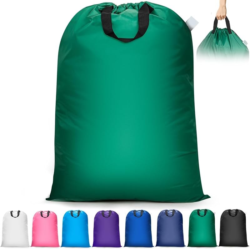 Isink Extra Large Laundry Bag With Handles, Heavy Duty, Travel Laundry Bag for Dirty Clothes, 28" x 40" (Green) —