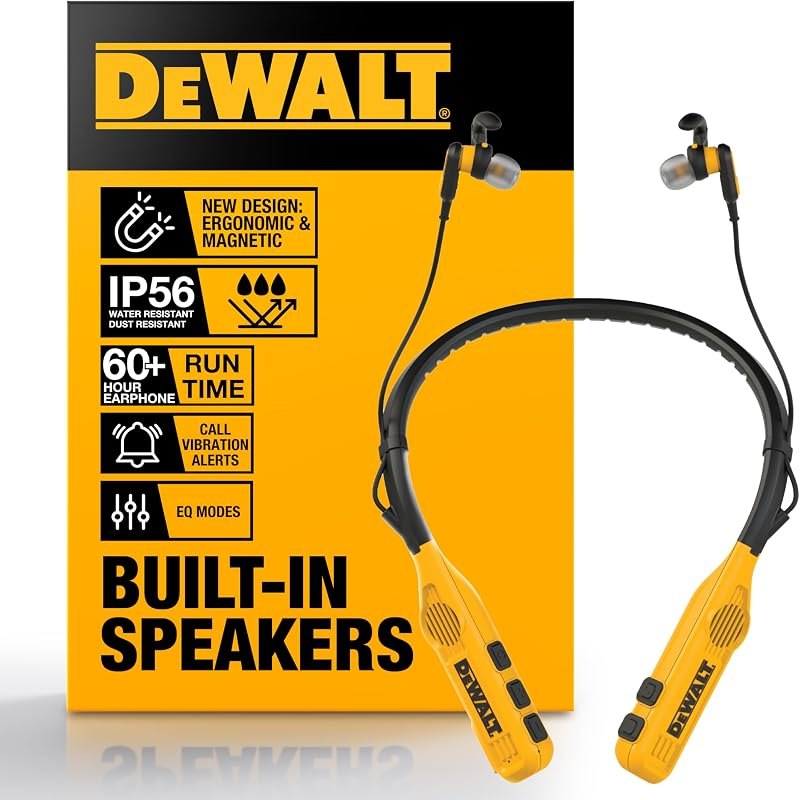 DEWALT Heavy Duty 2-in-1 Neckband Bluetooth Headphones w/Built-in Speakers, Jobsite Wearable Speaker & Around Neck