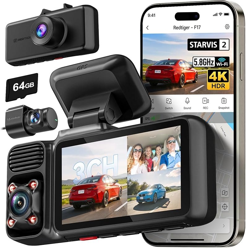 REDTIGER F17 4K 3CH Dash Cam, STARVIS 2 Sensor HDR, 64GB Card, 5.8GHz WiFi — interior for best dash cam