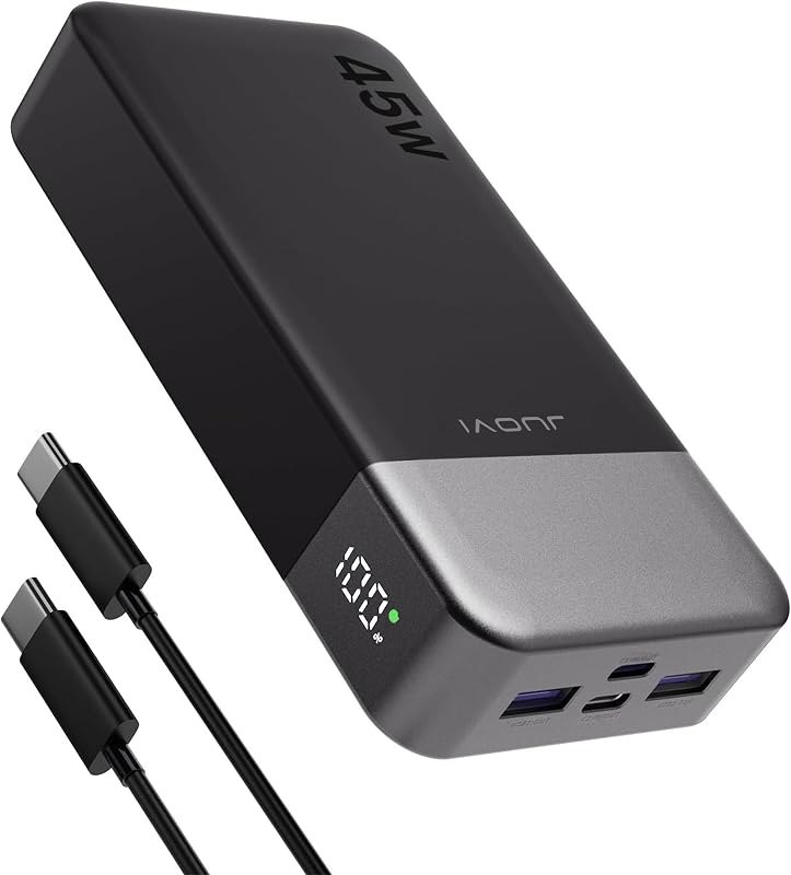 JUOVI Power Bank 45W 20000mAh Portable Charger USB C, PD QC Fast Charging 4-Port(2C+2A) External Battery Pack with LED