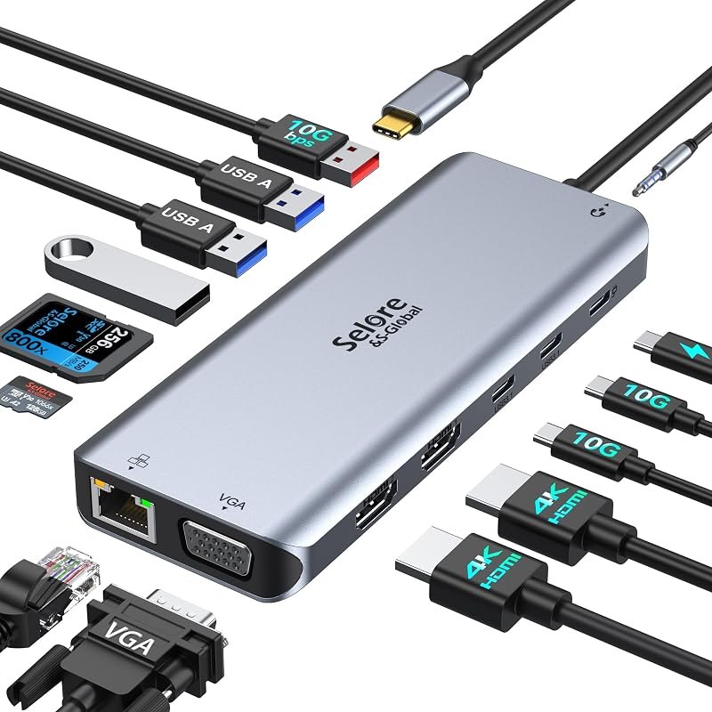 Selore USB C Docking Station Dual Monitor, 14-in-1 Laptop Docking Station — dock for best standing desk accessories