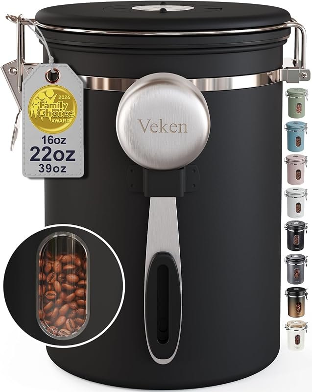 Veken Coffee Canister with Window, Airtight Stainless Steel Container, 22OZ — canister for best home coffee maker