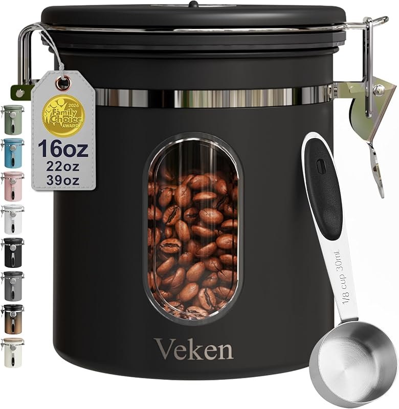 Veken Coffee Canister with Window,Airtight Stainless Steel Container,16OZ — canister for best home coffee maker