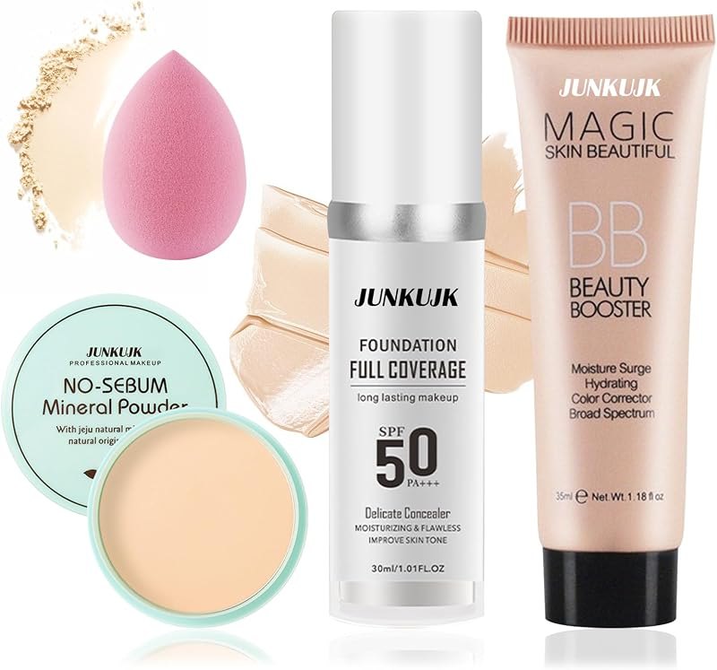 Color Changing Foundation Set with Makeup Sponge,Flawless Non-greasy Full Coverage Liquid Foundation & Loose Setting