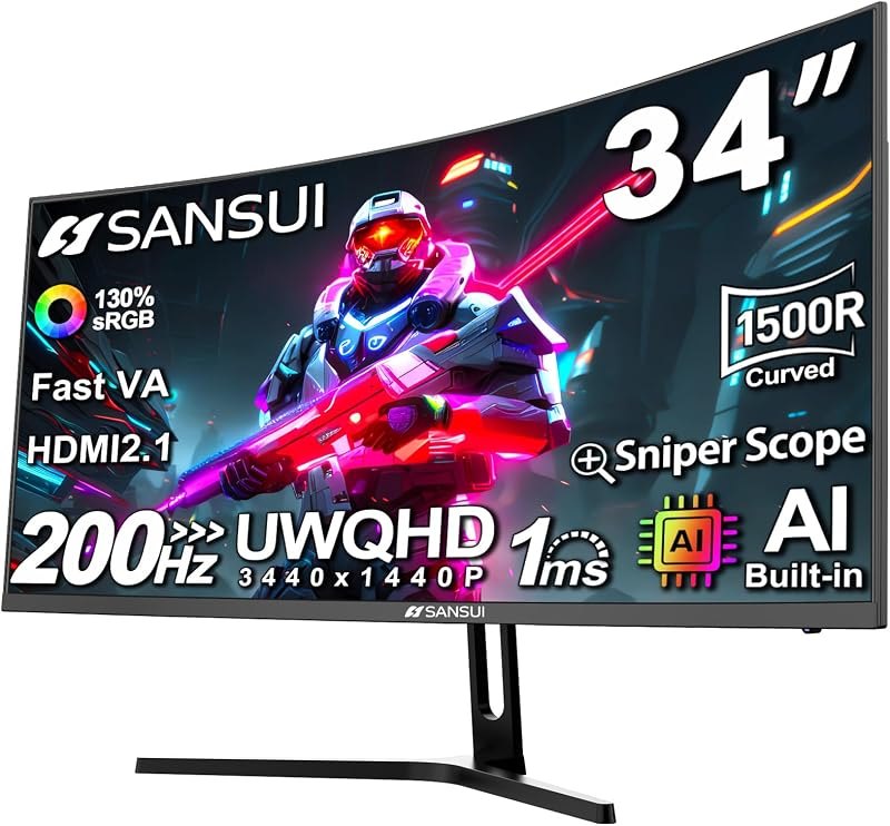 SANSUI 34-Inch Curved Gaming Monitor UWQHD 3440 x 1440P 200Hz Ultrawide — Monitors, bottles, and kid gear with for