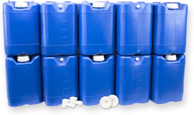 5-Gallon Stackable Water Storage Containers, w/Lids + Spigot, Easy Fill, Survial Supply, Emergency Water Storage for