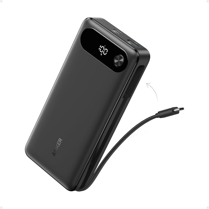 Anker Power Bank, 20,000mAh Travel Essential, Built-in USB-C Cable(Black) — 20000 for best power bank