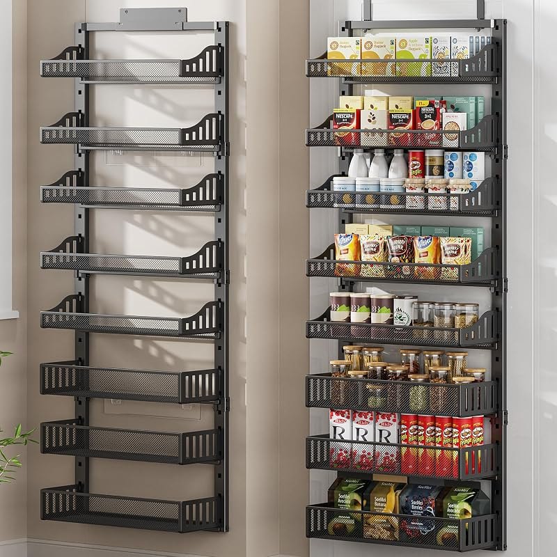 POKIPO 8-Tier Over the Door Pantry Organizer, Large Metal Door Spice Rack with Adjustable Basket, 2 in 1 Wall Mount or