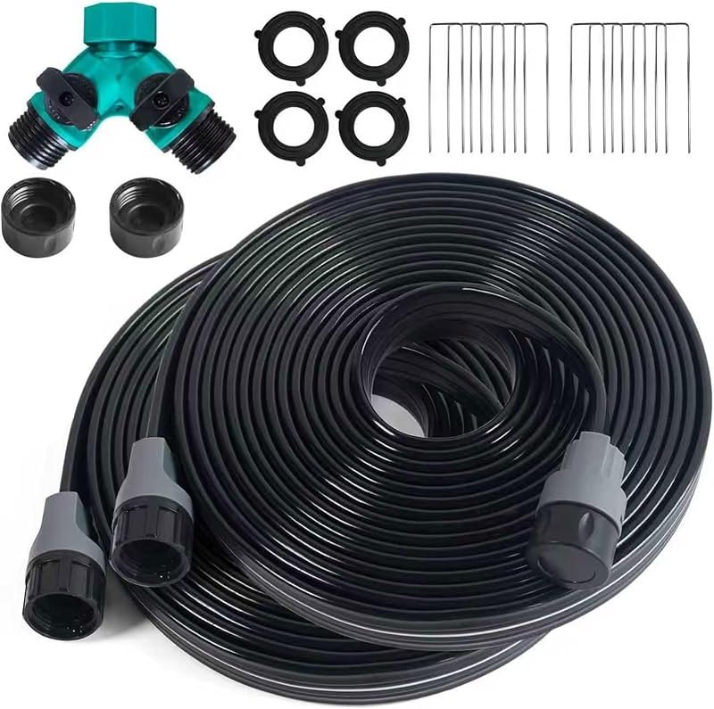 Sprinkler Hose with Holes, Flat Soaker Hoses 50 ft (25 ft 2pack) with Garden Staples and Splitters, PVC Drip Line