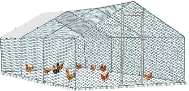 Outvita Chicken Coop, 19.5×10 FT Large Metal Chicken House, Poultry Habitat Cage with Waterproof Cover, Walk-in