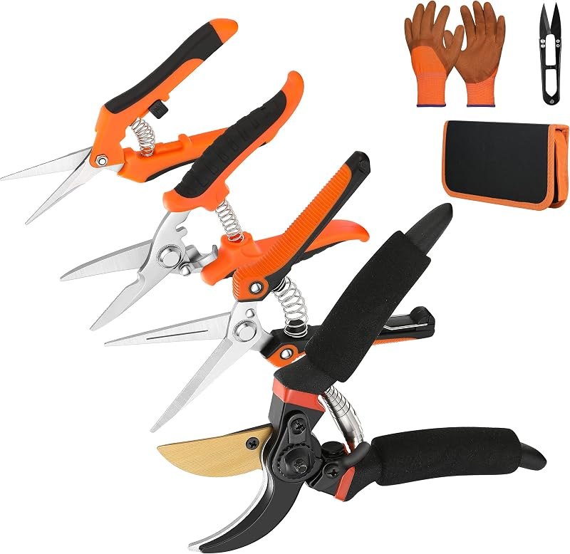 5 pack Garden Pruning Shears Stainless Steel Blades, Handheld Scissors Set with Gardening Gloves,Heavy Duty Garden