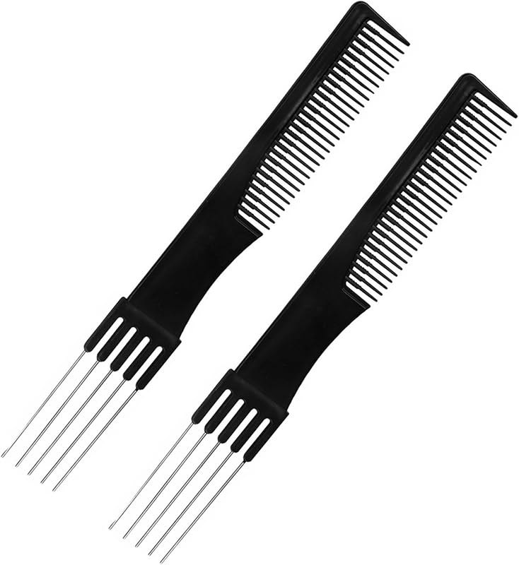2 Packs Teasing Comb with Metal Pick Combs for Women Hair Pick Comb for Hair Styling (Black) — Head-to-head picks when