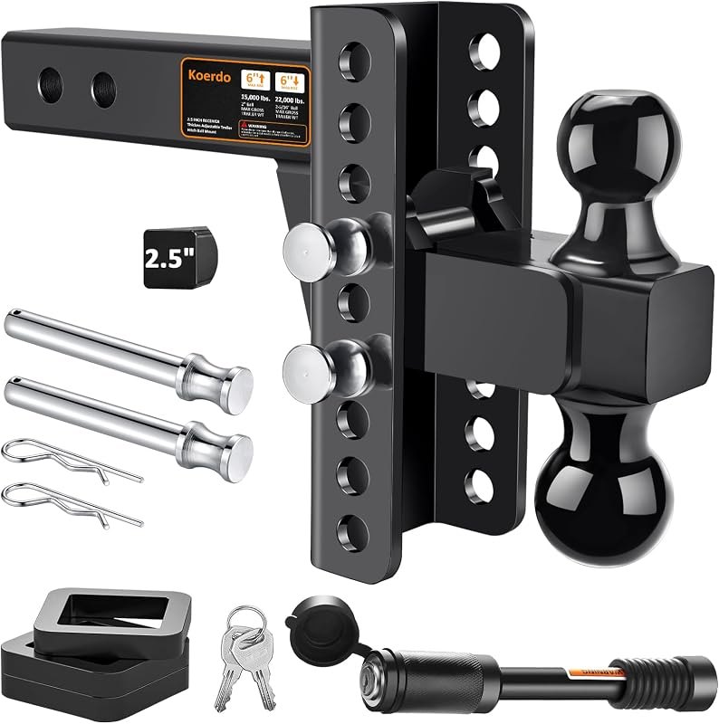 Adjustable Trailer Hitch Fits 2.5" Receiver, Drop Hitch & Tow Hitch with 6-Inch Drop/Rise, 2" & 2-5/16" Dual Ball