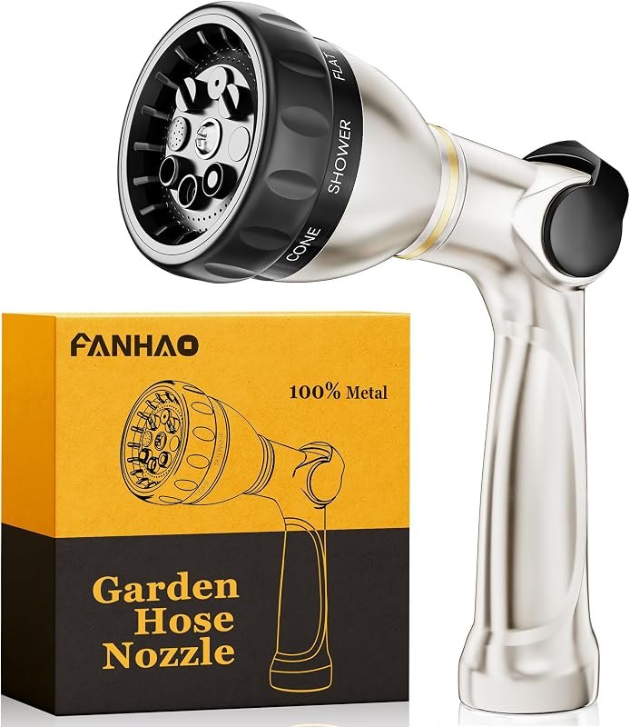 FANHAO Metal Thumb Control Garden Hose Nozzle Heavy Duty, 8 Spray Patterns — best metal hose nozzle for metal hose