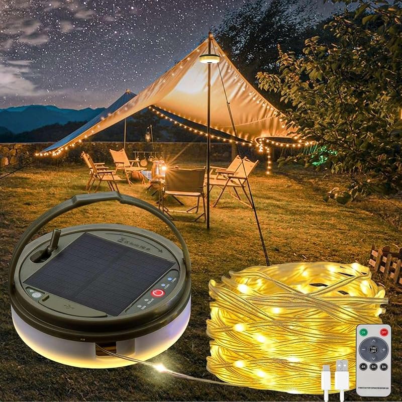 Solar Camping String Lights, 39.4 FT Fairy String Light, 4 in 1 Portable Waterproof Camp LED Lamp with 8 Lighting