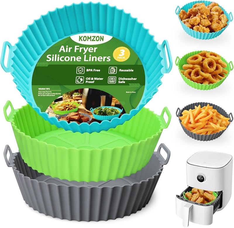Komzon 3 Pack Air Fryer Silicone Liners, 8Inch Airfryer Liners, AirFryer Basket Liner, Reusable Food Grade Air Fryers