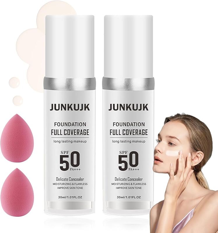 2PCS Color Changing Foundation with SPF 50 +++,Moisturizing Liquid Foundation Makeup Kit with 2 Makeup Sponges,Oil