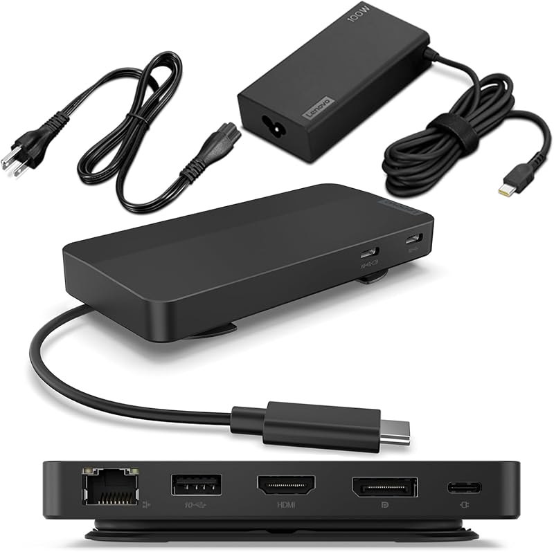 Lenovo USB-C Dual Display Travel Dock w/ 100W Power Adapter - 7 Ports, Integrated USB-C Cable, Universal
