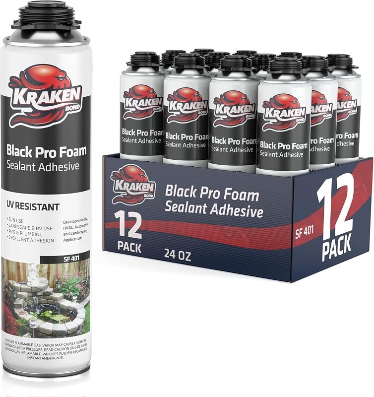 Kraken Bond Black Spray Waterfall Foam Sealant - (12x24oz) Expanding Polyurethane Pond Foam Sealer Black, UV Resistant