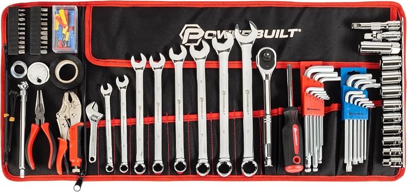 Powerbuilt 100 Piece Motorcycle Tool Kit with Roll Pouch, Roadside, Travel Wrenches, Ratchet, Sockets - 643028ECE —