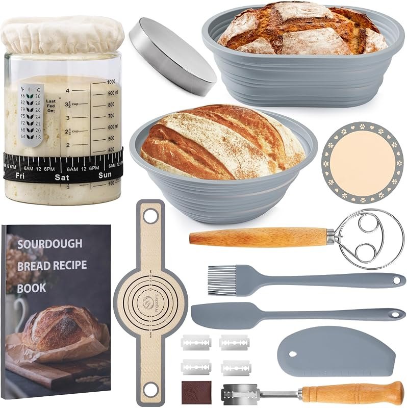 Angadona Sourdough Starter Kit, Sourdough Bread Baking Supplies, 40oz Sourdough Starter Jar, 9" Round & 10" Oval