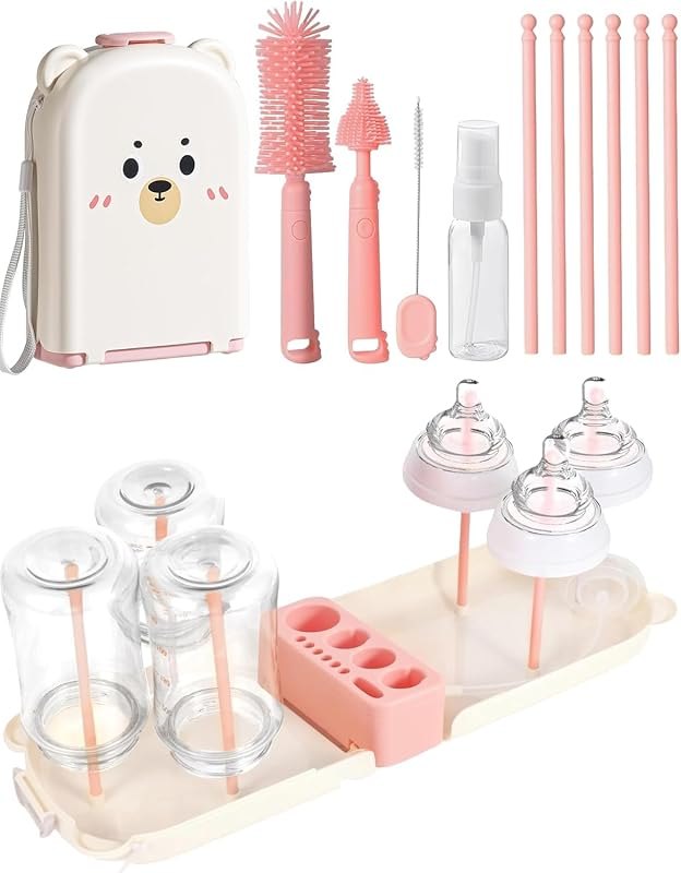 Travel Bottle Cleaner kit, 7in1 Baby Travel Gear Essential Silicone Travel Bottle Brush Set Nipple Drying Rack, Straw