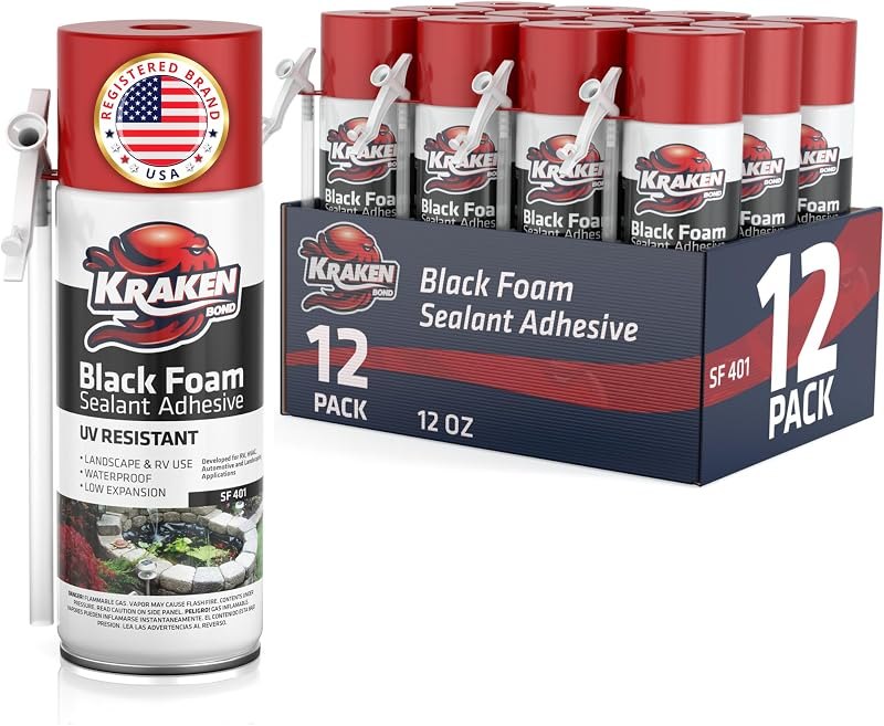 Kraken Bond Black Spray Waterfall Foam Sealant - (12x12oz) Expanding Polyurethane Pond Foam Sealer Black, UV Resistant