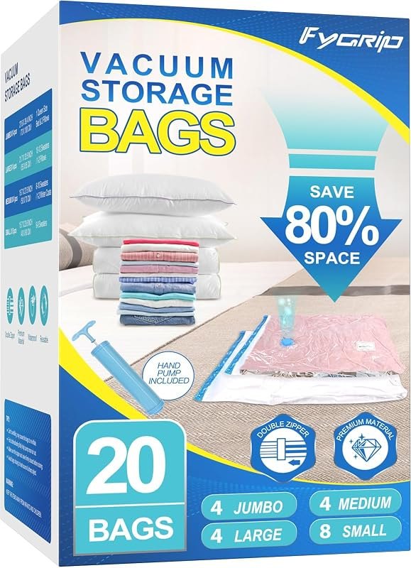 Fygrip 80% Space Saver Vacuum Storage Bags with Hand Pump, 20 Combo — space bags for vacuum storage bags under 30 budget