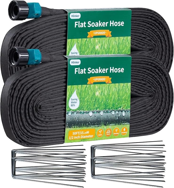 2026 Flat Soaker Hose 100 ft (50ft 2Packs) with Stake for Garden, Linkable Drip Hose Diy Automates Garden Irrigation