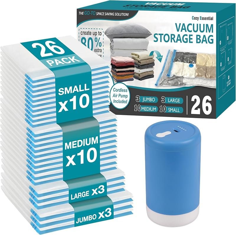 Travel Vacuum Storage Bags with Rechargeable Cordless USB Pump, 26 Combo — vacuum storage bags kit for vacuum storage