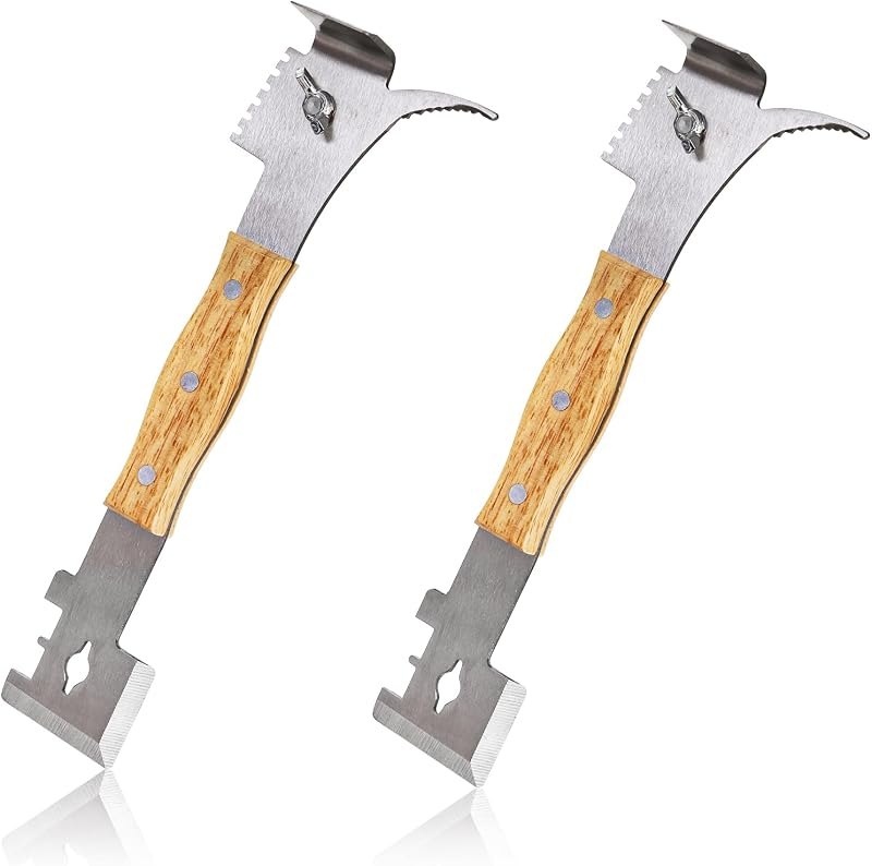 Fasmov 2 Pack Multipurpose Steel Hive Tools with Wooden Handle, 7 in 1 Beekeeping Equipment Bee Hive Hand Tool