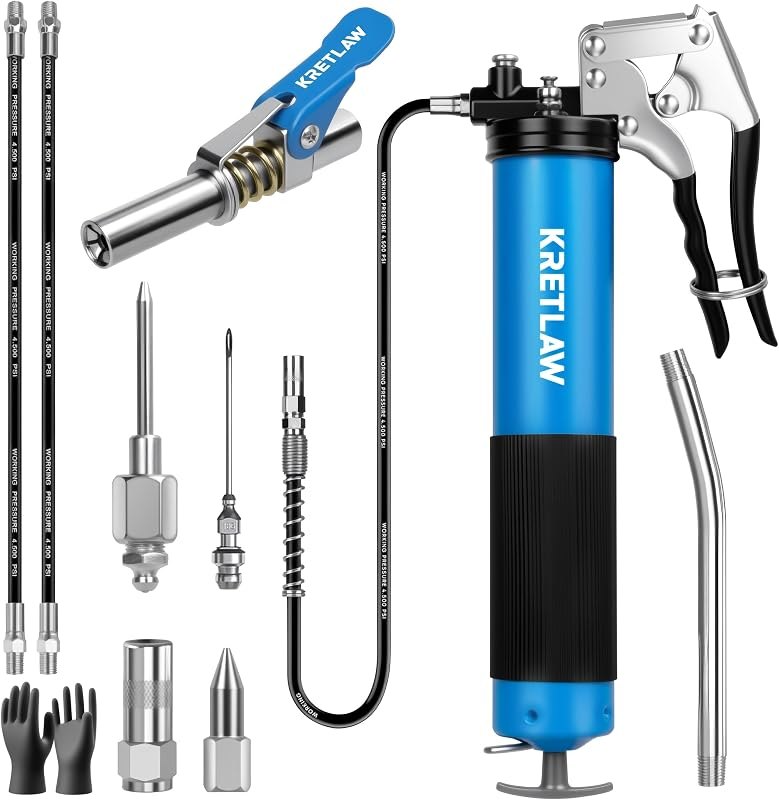KRETLAW Grease Gun, 7000 PSI Heavy Duty Professional Pistol Grip Grease Gun Kit 14 OZ with Coupler, Double Grease