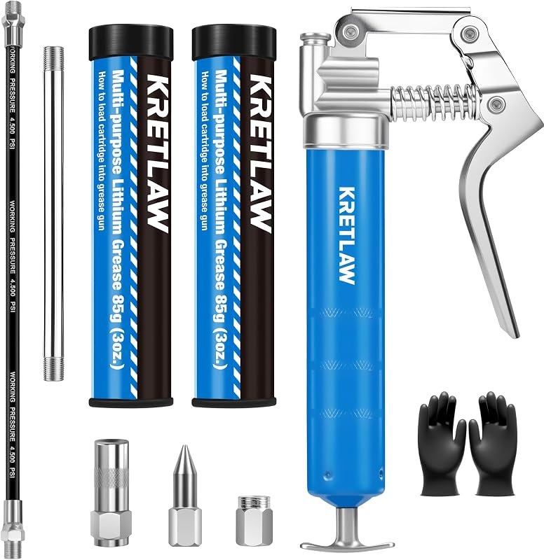 KRETLAW Mini Grease Gun (3000PSI) with Double 3oz Cartridge Grease and 12'' Flex Hose, Reinforced Coupler for
