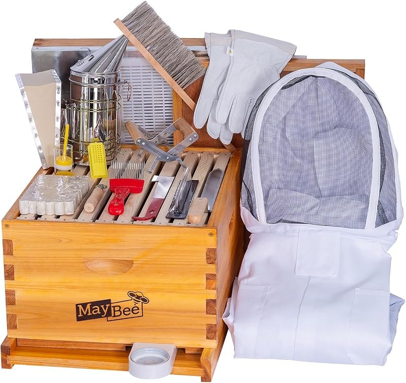 MayBee 10-Frame Beehive Starter Kit, Bee Hive Kit Dipped in Beeswax, Bee Hives Boxes Starter Kit Includes Beekeeping