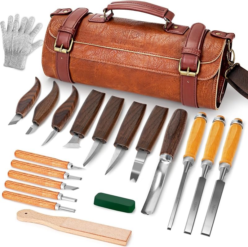 Wood Carving Kit, 20Pcs Wood Carving Tools with Leather Storage Bag, Whittling Kit with 3Pcs Chisels & 8Pcs Whittling