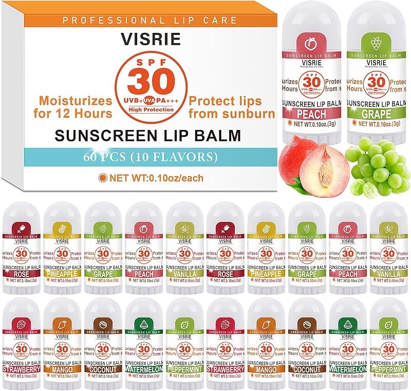 VISRIE SPF 30 Mini Lip Balm 60 Count, 10 Flavors — spf lip balm for lanolin lip balm under 30 budget