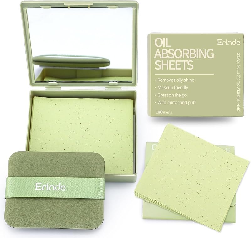 Erinde Oil Blotting Sheets for Face with Mirror and Puff, 300 Sheets Oil Blotting Paper for Oily Skin, Face Oil