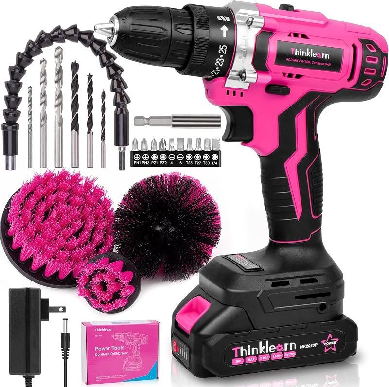 20V Pink Cordless Drill Set - Power Drill/Driver Kit with Drill Brush — drill for best home tool kit