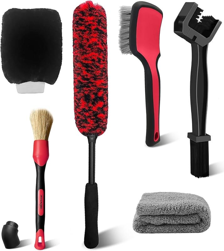 YeewayVeh 6PCS Motorcycle Cleaning Kit, Bendable Wheel Tire Brush,Black/Red