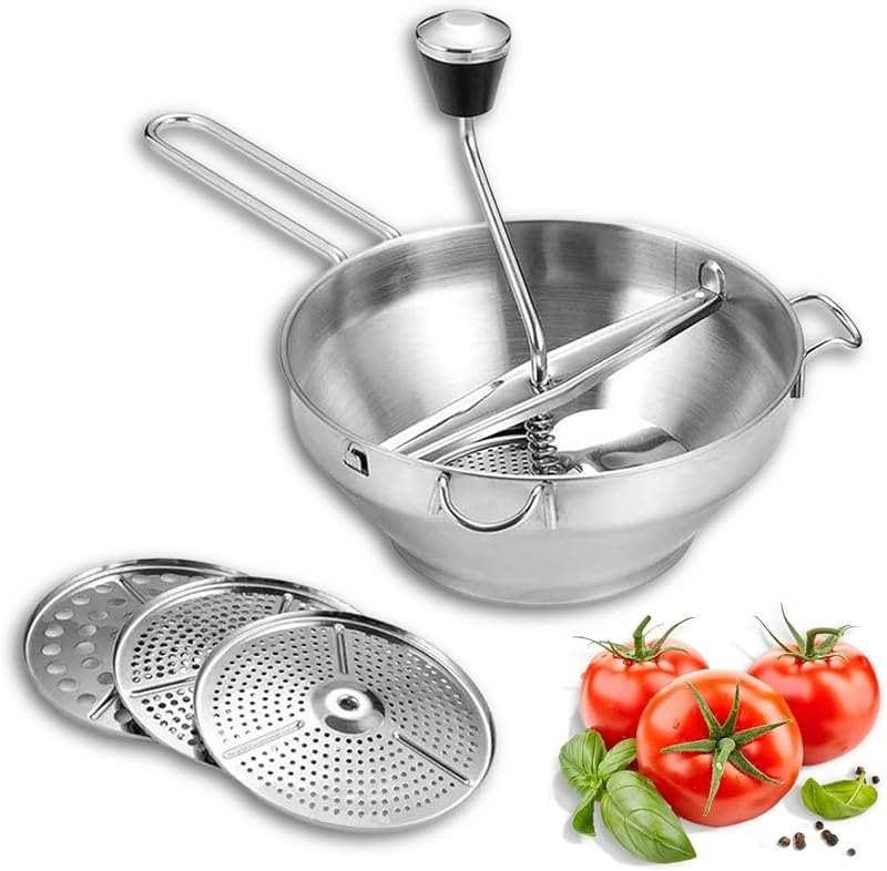 VINGVO Stainless Steel Food Mill for Tomato Sauce with 3 Grinding Discs, Ergonomic Food Masher Handle & Dual Hooks