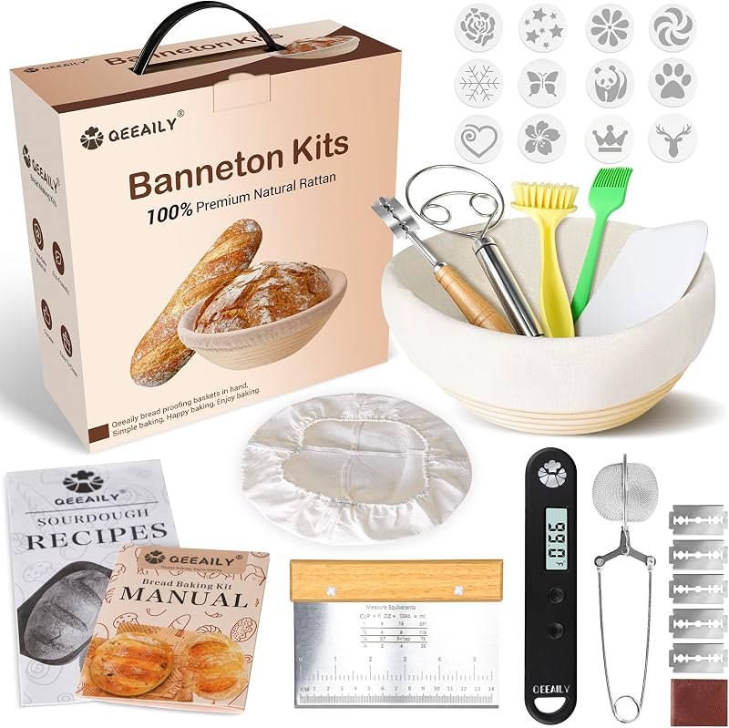 banneton bread proofing basket Kit with food thermometer, 9 Inch Round Natural Rattan sourdough banneton basket